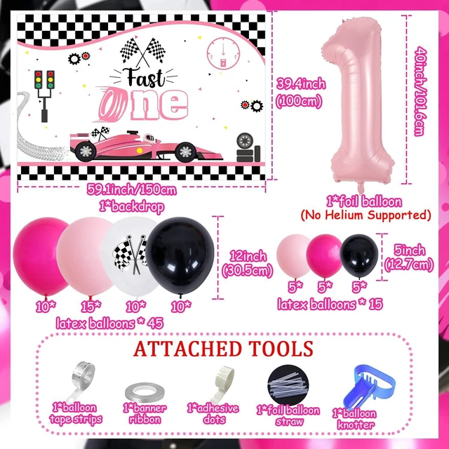 Alt view image 3 of 7 - Racing Car 1st Birthday Decorations Girl Pink Racing Theme Fast One Backdrop Pink Black Balloon Garland Arch Kit for Girls Race Car First Birthday Party Supplies