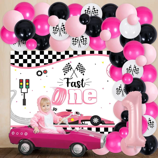 Alt view image 4 of 7 - Racing Car 1st Birthday Decorations Girl Pink Racing Theme Fast One Backdrop Pink Black Balloon Garland Arch Kit for Girls Race Car First Birthday Party Supplies