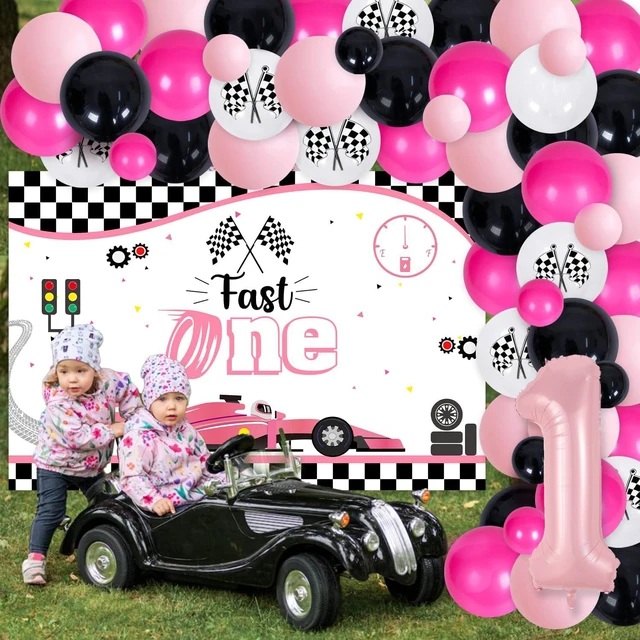 Alt view image 5 of 7 - Racing Car 1st Birthday Decorations Girl Pink Racing Theme Fast One Backdrop Pink Black Balloon Garland Arch Kit for Girls Race Car First Birthday Party Supplies