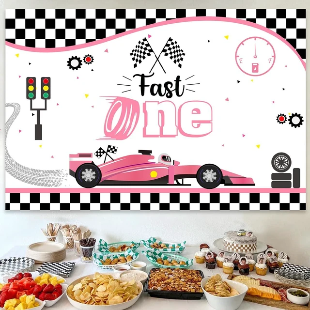 Alt view image 6 of 7 - Racing Car 1st Birthday Decorations Girl Pink Racing Theme Fast One Backdrop Pink Black Balloon Garland Arch Kit for Girls Race Car First Birthday Party Supplies