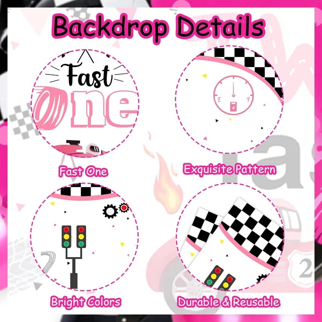Alt view image 7 of 7 - Racing Car 1st Birthday Decorations Girl Pink Racing Theme Fast One Backdrop Pink Black Balloon Garland Arch Kit for Girls Race Car First Birthday Party Supplies