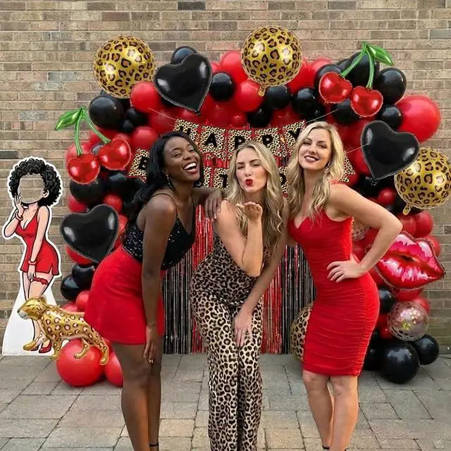 Alt view image 2 of 7 - Cheetah print party decorations with Red and Black polka dot Balloon Arch & lips cherries black hearts foil balloons & Leopard print banner foil Tinsel Fringe for Girls Woman Birthday decorations