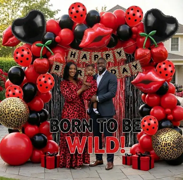 Alt view image 3 of 7 - Cheetah print party decorations with Red and Black polka dot Balloon Arch & lips cherries black hearts foil balloons & Leopard print banner foil Tinsel Fringe for Girls Woman Birthday decorations