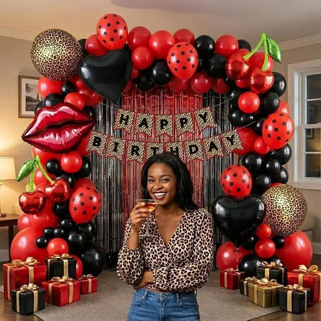 Alt view image 4 of 7 - Cheetah print party decorations with Red and Black polka dot Balloon Arch & lips cherries black hearts foil balloons & Leopard print banner foil Tinsel Fringe for Girls Woman Birthday decorations