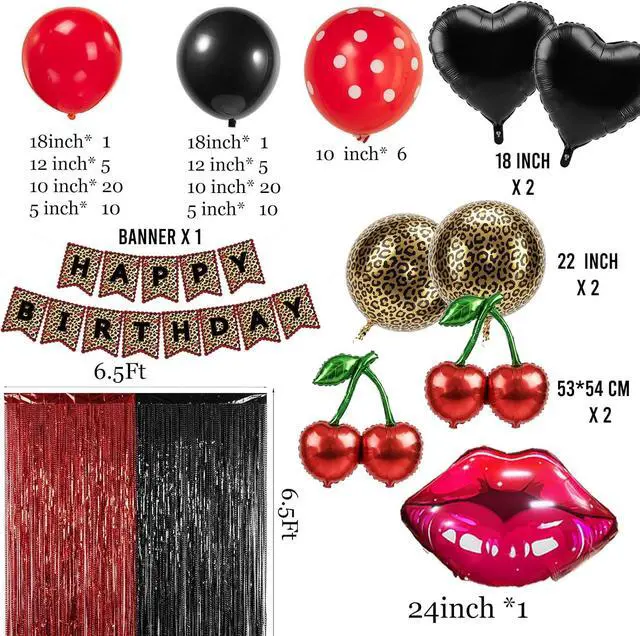 Alt view image 5 of 7 - Cheetah print party decorations with Red and Black polka dot Balloon Arch & lips cherries black hearts foil balloons & Leopard print banner foil Tinsel Fringe for Girls Woman Birthday decorations