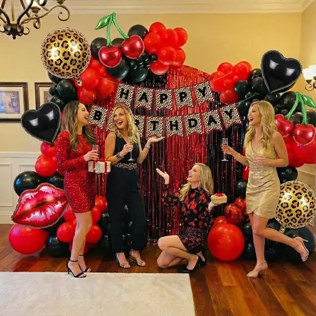 Alt view image 7 of 7 - Cheetah print party decorations with Red and Black polka dot Balloon Arch & lips cherries black hearts foil balloons & Leopard print banner foil Tinsel Fringe for Girls Woman Birthday decorations