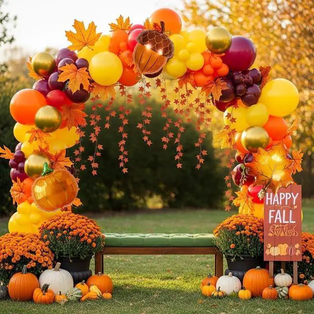 Main image of Fall Balloons Arch Garland Kit Burnt Orange Burgundy Mustard Yellow Balloon with Maple Leaf Garland Pumpkin Pine Cone Foil for Autumn Thanksgiving Harvest Birthday Baby Shower Party Decoration