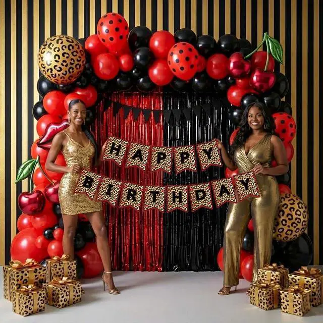 Alt view image 6 of 7 - Cheetah print party decorations with Red and Black polka dot Balloon Arch & lips cherries black hearts foil balloons & Leopard print banner foil Tinsel Fringe for Girls Woman Birthday decorations