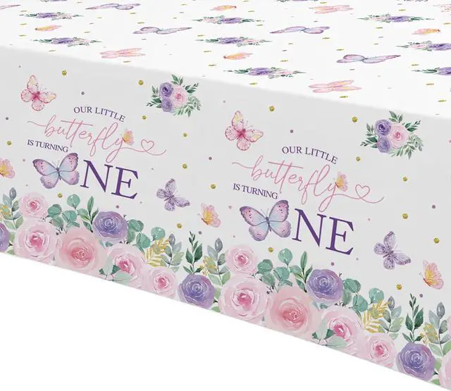 Alt view image 4 of 7 - Butterfly First Birthday Decorations Tablecloth - Pink Floral Butterfly 1st Birthday Party Supplies Tablecover - 3 Pack (54in x 108in)
