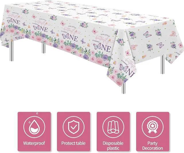 Alt view image 2 of 7 - Butterfly First Birthday Decorations Tablecloth - Pink Floral Butterfly 1st Birthday Party Supplies Tablecover - 3 Pack (54in x 108in)