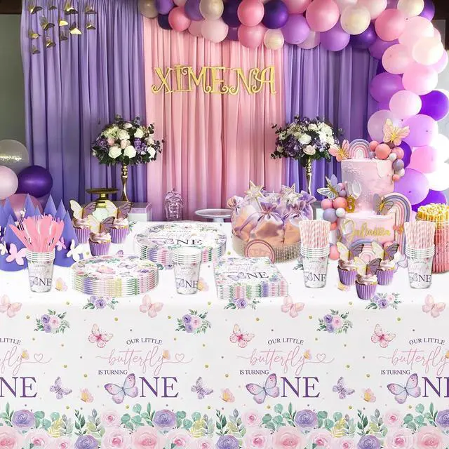 Alt view image 6 of 7 - Butterfly First Birthday Decorations Tablecloth - Pink Floral Butterfly 1st Birthday Party Supplies Tablecover - 3 Pack (54in x 108in)