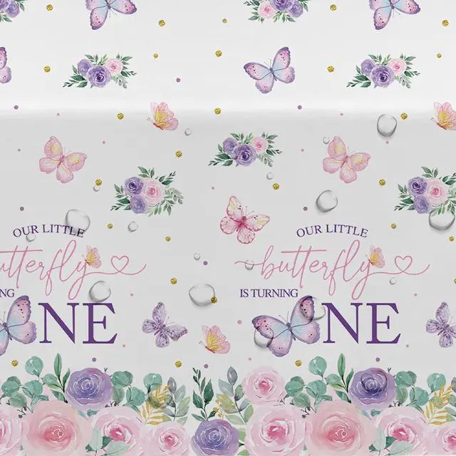 Alt view image 3 of 7 - Butterfly First Birthday Decorations Tablecloth - Pink Floral Butterfly 1st Birthday Party Supplies Tablecover - 3 Pack (54in x 108in)