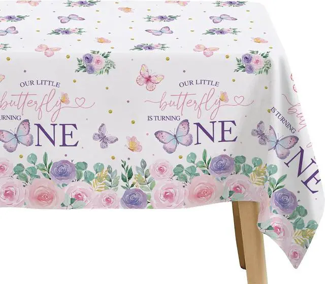Alt view image 5 of 7 - Butterfly First Birthday Decorations Tablecloth - Pink Floral Butterfly 1st Birthday Party Supplies Tablecover - 3 Pack (54in x 108in)