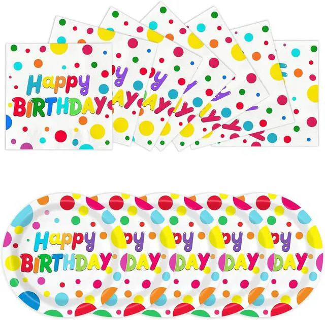 Main image of 50 PCS Happy Birthday Paper Plates and Napkins Serve 25, 9 inches Colorful Polka Dots Cake Dessert Plates Disposable Dinnerware Tableware Table Decor Decorations for Dinner Bday Party Supplies