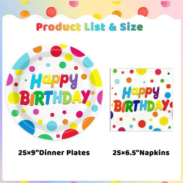 Alt view image 2 of 7 - 50 PCS Happy Birthday Paper Plates and Napkins Serve 25, 9 inches Colorful Polka Dots Cake Dessert Plates Disposable Dinnerware Tableware Table Decor Decorations for Dinner Bday Party Supplies