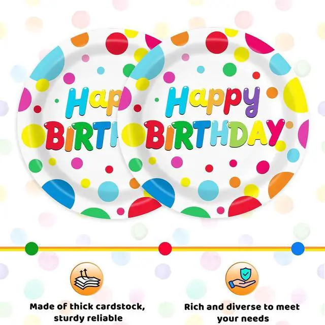 Alt view image 3 of 7 - 50 PCS Happy Birthday Paper Plates and Napkins Serve 25, 9 inches Colorful Polka Dots Cake Dessert Plates Disposable Dinnerware Tableware Table Decor Decorations for Dinner Bday Party Supplies