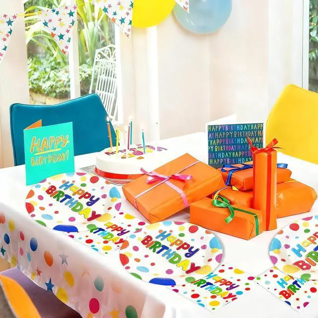 Alt view image 5 of 7 - 50 PCS Happy Birthday Paper Plates and Napkins Serve 25, 9 inches Colorful Polka Dots Cake Dessert Plates Disposable Dinnerware Tableware Table Decor Decorations for Dinner Bday Party Supplies