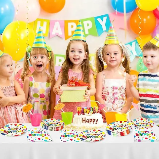Alt view image 7 of 7 - 50 PCS Happy Birthday Paper Plates and Napkins Serve 25, 9 inches Colorful Polka Dots Cake Dessert Plates Disposable Dinnerware Tableware Table Decor Decorations for Dinner Bday Party Supplies
