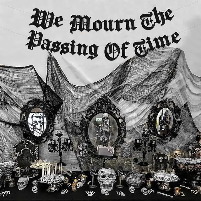 Alt view image 2 of 6 - Sursurprise Gothic Birthday Party Decorations, We Mourn The Passing Of Time Banner, Old English Emo Birthday Party Decor Supplies