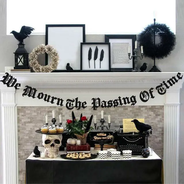 Alt view image 4 of 6 - Sursurprise Gothic Birthday Party Decorations, We Mourn The Passing Of Time Banner, Old English Emo Birthday Party Decor Supplies