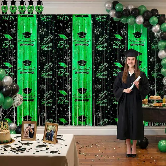 Alt view image 2 of 7 - 3pcs 2026 Graduation Decorations Black and Green Class of 2026 Party Supplies - 9.9ft X 6.6ft Fringe Curtain Graduation Backdrop and Balloons Kit for College High School Photo Booth
