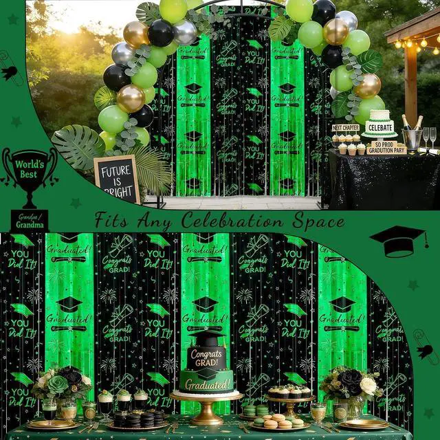 Alt view image 4 of 7 - 3pcs 2026 Graduation Decorations Black and Green Class of 2026 Party Supplies - 9.9ft X 6.6ft Fringe Curtain Graduation Backdrop and Balloons Kit for College High School Photo Booth