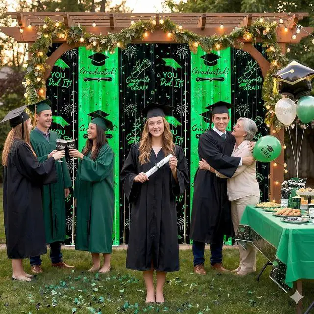 Alt view image 5 of 7 - 3pcs 2026 Graduation Decorations Black and Green Class of 2026 Party Supplies - 9.9ft X 6.6ft Fringe Curtain Graduation Backdrop and Balloons Kit for College High School Photo Booth