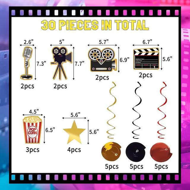 Alt view image 2 of 7 - 30Pcs Movie Night Party Supplies Hanging Decorations, Movie Theme Party Decorations, Movie Night Decorations Birthday Party Movie Night Party Decorations Kit Hanging Swirls Party Supplies