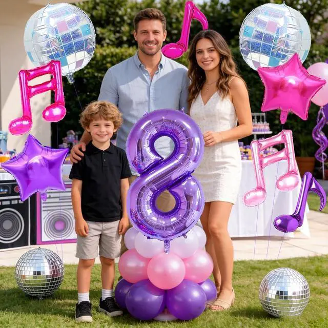 Alt view image 6 of 6 - Kpop Birthday Decorations - Music Note Balloons Purple 40inch Number 8 Balloon Disco Ball Balloons for Kpop Music Party Decoration