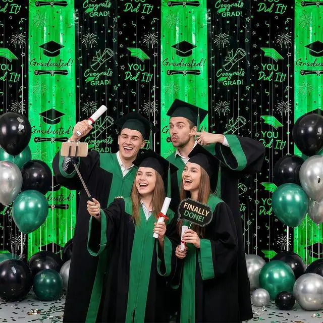 Alt view image 3 of 7 - 3pcs 2026 Graduation Decorations Black and Green Class of 2026 Party Supplies - 9.9ft X 6.6ft Fringe Curtain Graduation Backdrop and Balloons Kit for College High School Photo Booth
