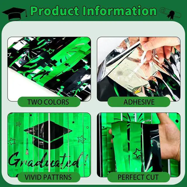 Alt view image 7 of 7 - 3pcs 2026 Graduation Decorations Black and Green Class of 2026 Party Supplies - 9.9ft X 6.6ft Fringe Curtain Graduation Backdrop and Balloons Kit for College High School Photo Booth