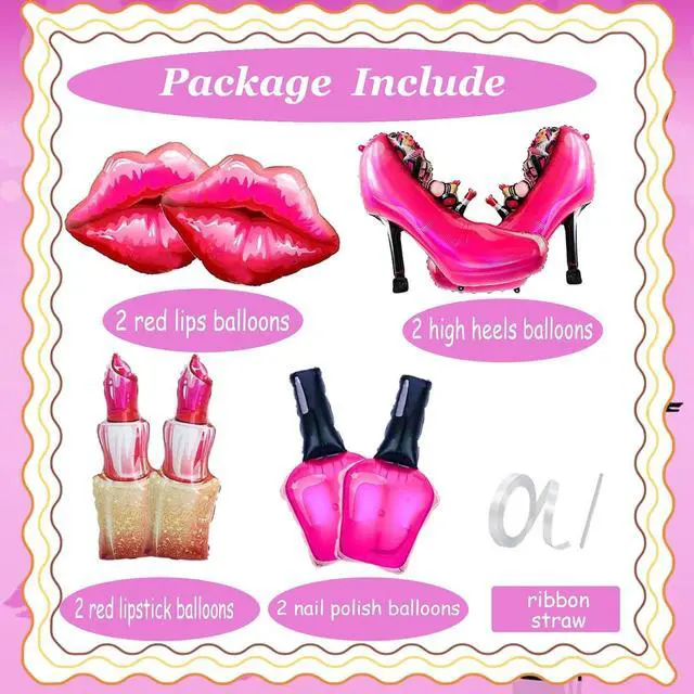 Alt view image 2 of 7 - 8Pcs Hot Pink Balloon Kit Red Lips, Lipstick, High Heels, Nail Polish Balloons Threenager Birthday Decorations Girl, Bachelorette Party, Girls Night, Makeup, Spa Party, Little miss Birthday Decor
