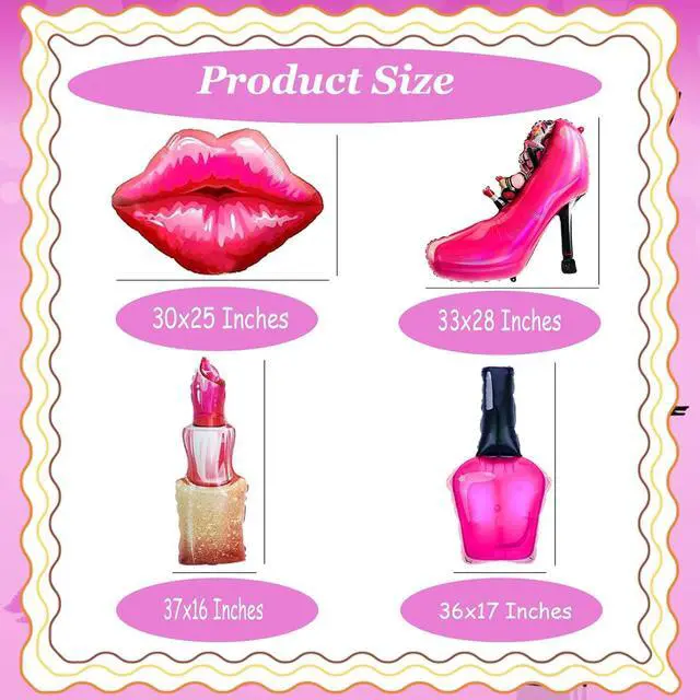 Alt view image 3 of 7 - 8Pcs Hot Pink Balloon Kit Red Lips, Lipstick, High Heels, Nail Polish Balloons Threenager Birthday Decorations Girl, Bachelorette Party, Girls Night, Makeup, Spa Party, Little miss Birthday Decor