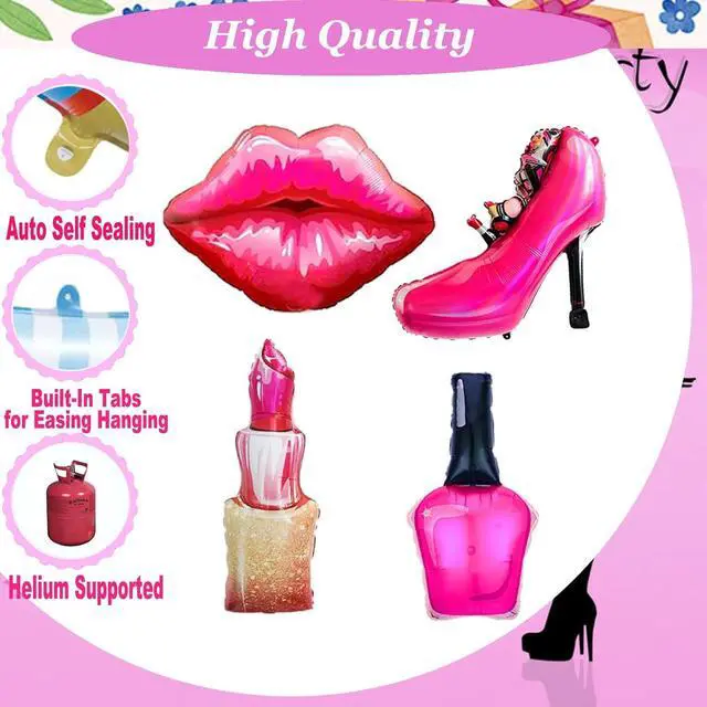 Alt view image 4 of 7 - 8Pcs Hot Pink Balloon Kit Red Lips, Lipstick, High Heels, Nail Polish Balloons Threenager Birthday Decorations Girl, Bachelorette Party, Girls Night, Makeup, Spa Party, Little miss Birthday Decor