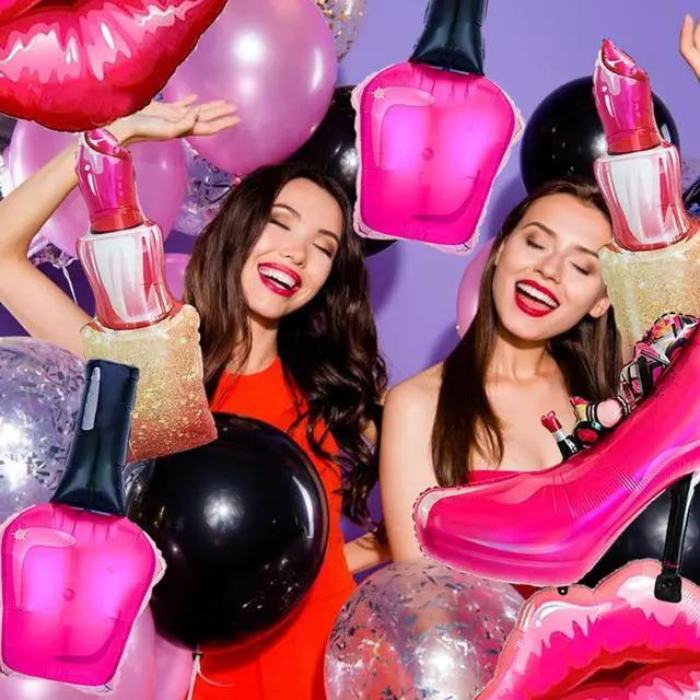Alt view image 5 of 7 - 8Pcs Hot Pink Balloon Kit Red Lips, Lipstick, High Heels, Nail Polish Balloons Threenager Birthday Decorations Girl, Bachelorette Party, Girls Night, Makeup, Spa Party, Little miss Birthday Decor