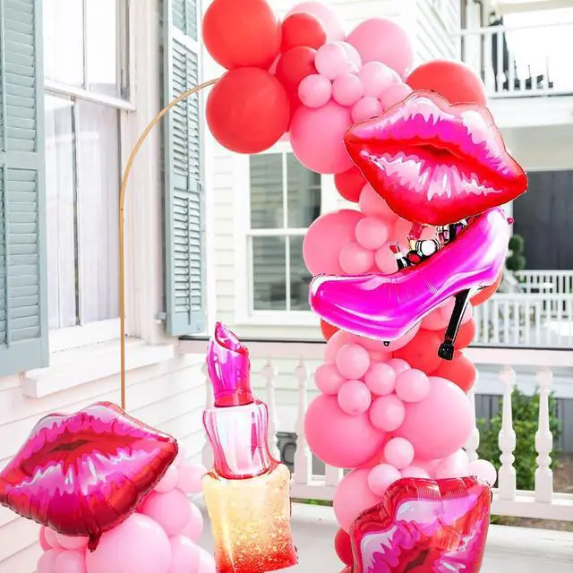 Alt view image 7 of 7 - 8Pcs Hot Pink Balloon Kit Red Lips, Lipstick, High Heels, Nail Polish Balloons Threenager Birthday Decorations Girl, Bachelorette Party, Girls Night, Makeup, Spa Party, Little miss Birthday Decor