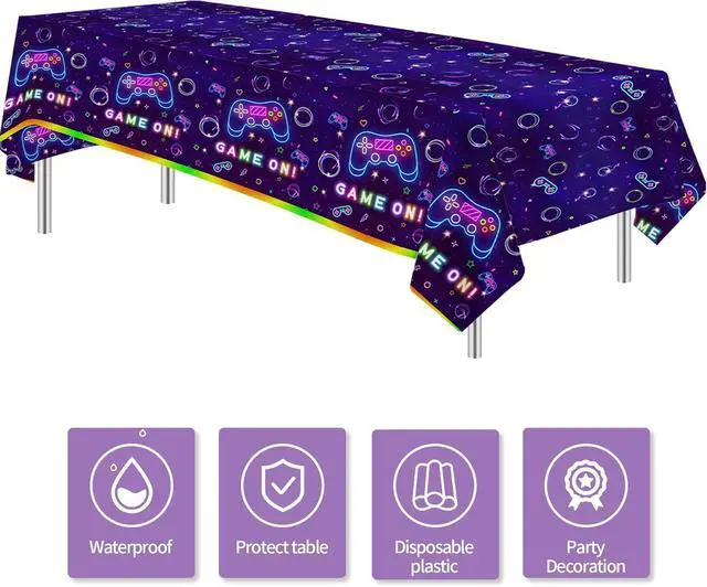 Alt view image 2 of 7 - Video Game Party Tablecloth Decorations - Disposable Neon Glow Level Up Game On Birthday Party Supplies Table Cover - 3 Pack (54in x 108in)