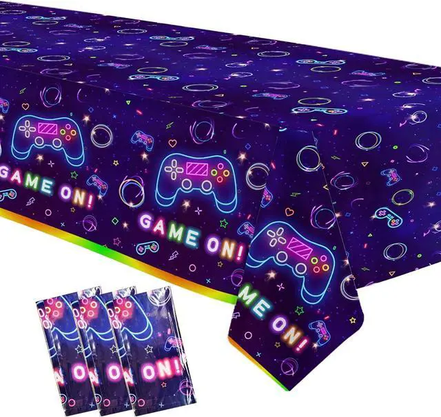 Main image of Video Game Party Tablecloth Decorations - Disposable Neon Glow Level Up Game On Birthday Party Supplies Table Cover - 3 Pack (54in x 108in)