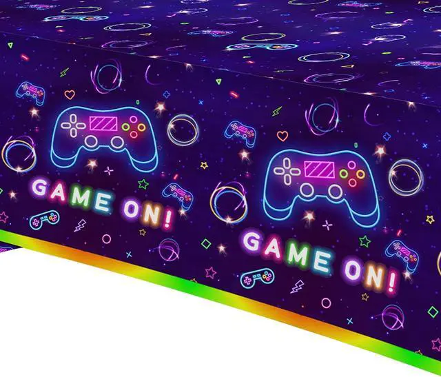 Alt view image 3 of 7 - Video Game Party Tablecloth Decorations - Disposable Neon Glow Level Up Game On Birthday Party Supplies Table Cover - 3 Pack (54in x 108in)