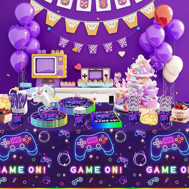 Alt view image 6 of 7 - Video Game Party Tablecloth Decorations - Disposable Neon Glow Level Up Game On Birthday Party Supplies Table Cover - 3 Pack (54in x 108in)