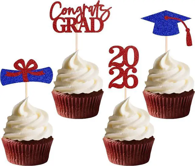 Main image of Double-sided 36 PCS Graduation Cupcake Toppers Red Blue Class Of 2026 Cupcake Picks For Graduation Theme Party Decorations Supply