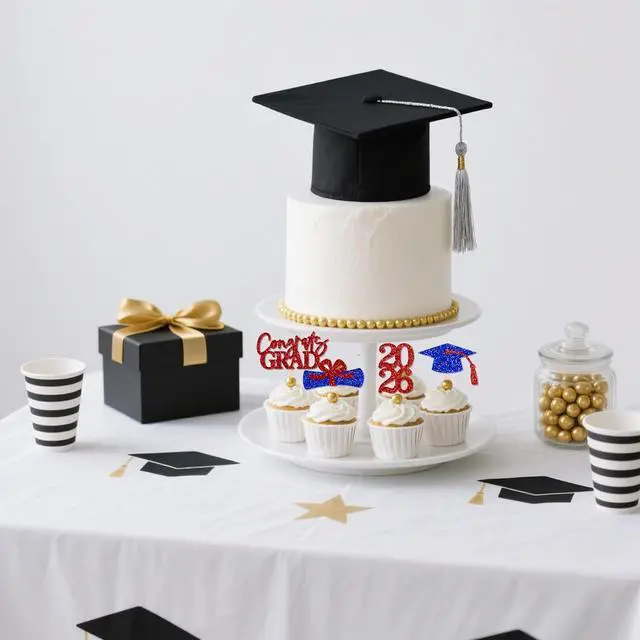 Alt view image 4 of 5 - Double-sided 36 PCS Graduation Cupcake Toppers Red Blue Class Of 2026 Cupcake Picks For Graduation Theme Party Decorations Supply