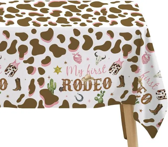 Alt view image 5 of 7 - My First Rodeo Party Supplies Girl Tablecloth - Western Cowgirl 1st Birthday Decorations Table Cover, Wild West One-Year-Old Birthday Supplies Table Cloth - 3 Pcs(54in x 108in)