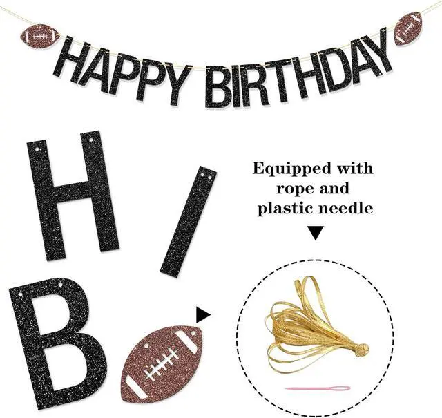 Alt view image 6 of 6 - Football Happy Birthday Banner Sport Theme Bday Garland Bunting Supplies Football Enthusiast Birthday Party Decorations Black Glitter