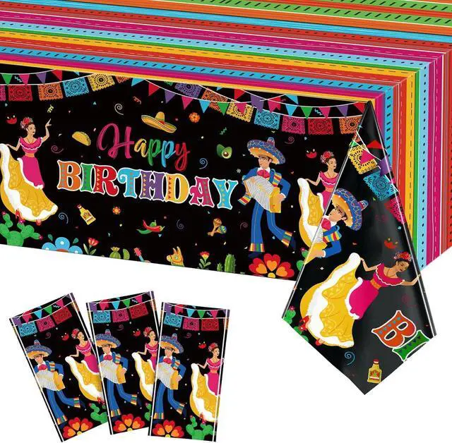 Main image of WovWeave 3 Pcs Mexican Fiesta Plastic Tablecloth 54 x 108 Inch Happy Birthday Fiesta Disposable Tablecover for Mexican Taco Night Birthday Party Decor Supplies
