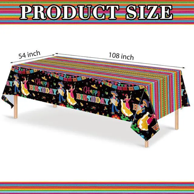 Alt view image 2 of 7 - WovWeave 3 Pcs Mexican Fiesta Plastic Tablecloth 54 x 108 Inch Happy Birthday Fiesta Disposable Tablecover for Mexican Taco Night Birthday Party Decor Supplies