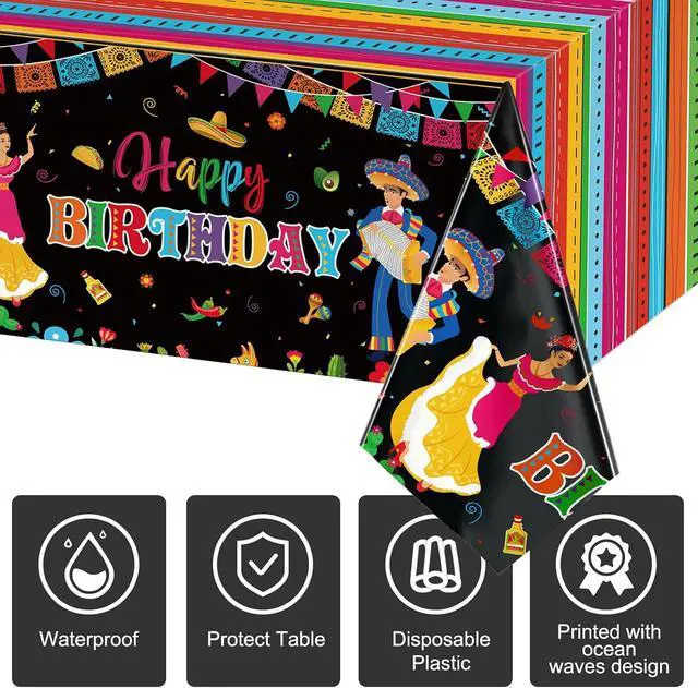 Alt view image 3 of 7 - WovWeave 3 Pcs Mexican Fiesta Plastic Tablecloth 54 x 108 Inch Happy Birthday Fiesta Disposable Tablecover for Mexican Taco Night Birthday Party Decor Supplies
