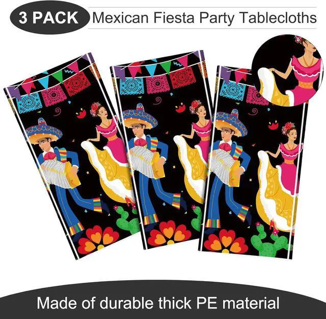 Alt view image 4 of 7 - WovWeave 3 Pcs Mexican Fiesta Plastic Tablecloth 54 x 108 Inch Happy Birthday Fiesta Disposable Tablecover for Mexican Taco Night Birthday Party Decor Supplies