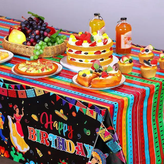 Alt view image 5 of 7 - WovWeave 3 Pcs Mexican Fiesta Plastic Tablecloth 54 x 108 Inch Happy Birthday Fiesta Disposable Tablecover for Mexican Taco Night Birthday Party Decor Supplies