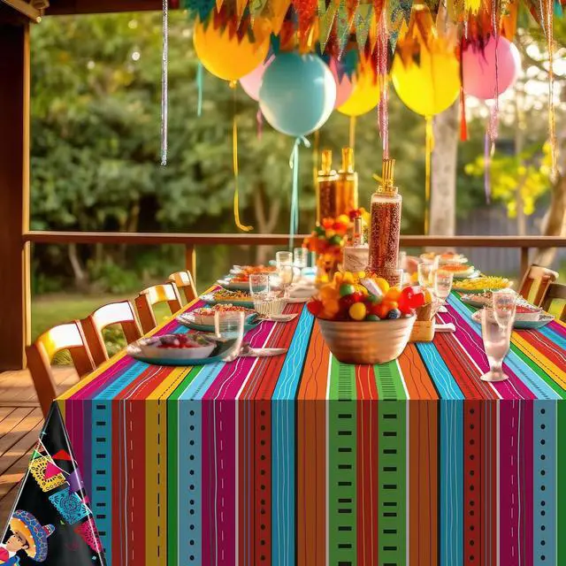 Alt view image 7 of 7 - WovWeave 3 Pcs Mexican Fiesta Plastic Tablecloth 54 x 108 Inch Happy Birthday Fiesta Disposable Tablecover for Mexican Taco Night Birthday Party Decor Supplies
